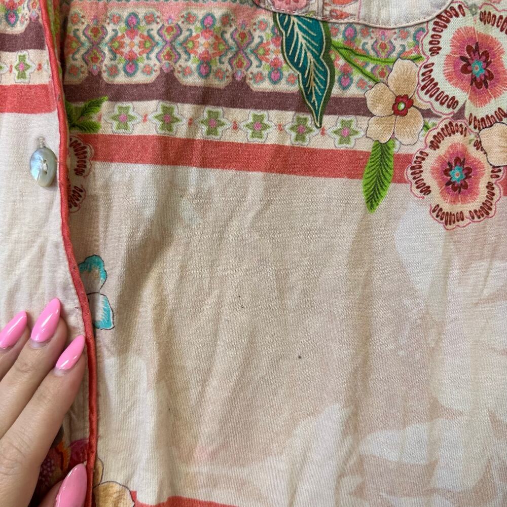 Johnny Was Printed Cotton Lounge Set Button Up Top Wide Leg Pants Rose M - Picture 3 of 9